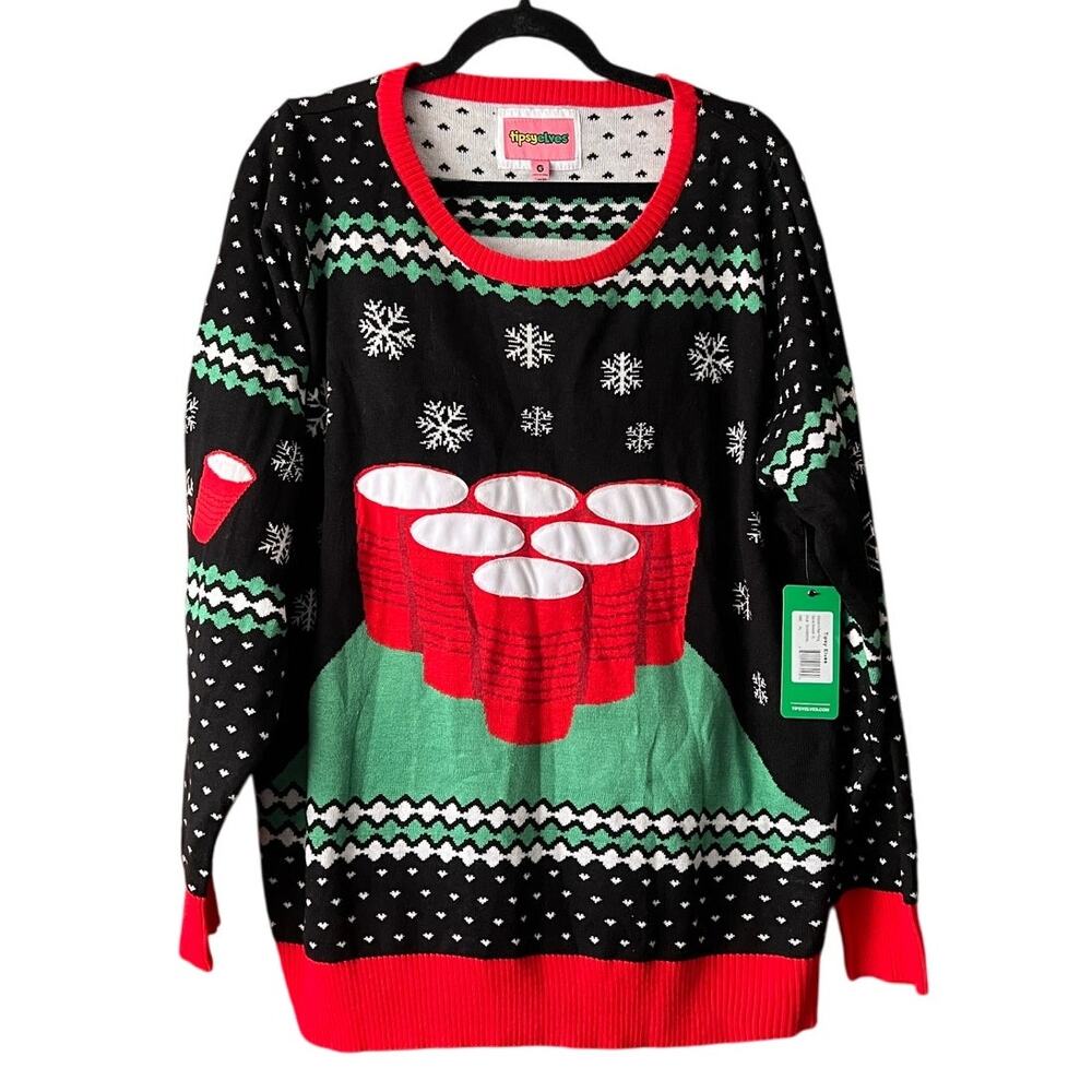 NWT Tipsy Elves Women's Beer Pong Ugly Christmas Sweater Black Red Size XL - Picture 2 of 9